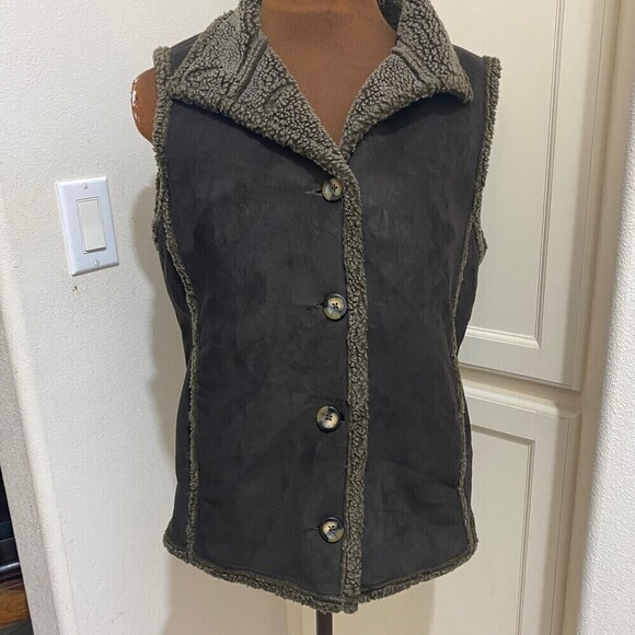 LL Bean Vintage Chocolate Brown Faux Suede Sherpa Lined Vest Size Small Reg - Picture 1 of 9